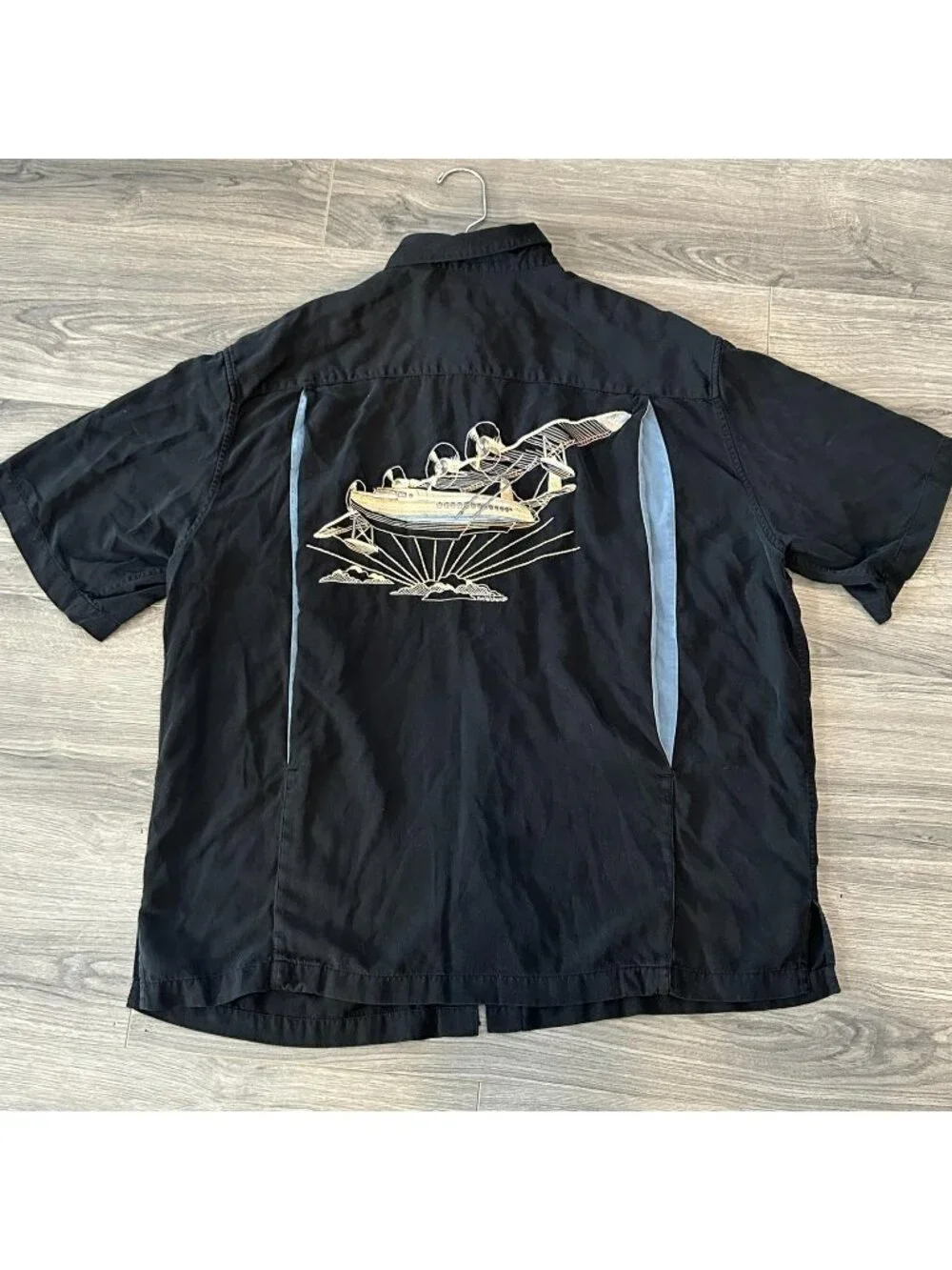 Tori Richard Shirt Mens XL Black Silk Seaplane Embroidered Hawaiian Aloha Camp